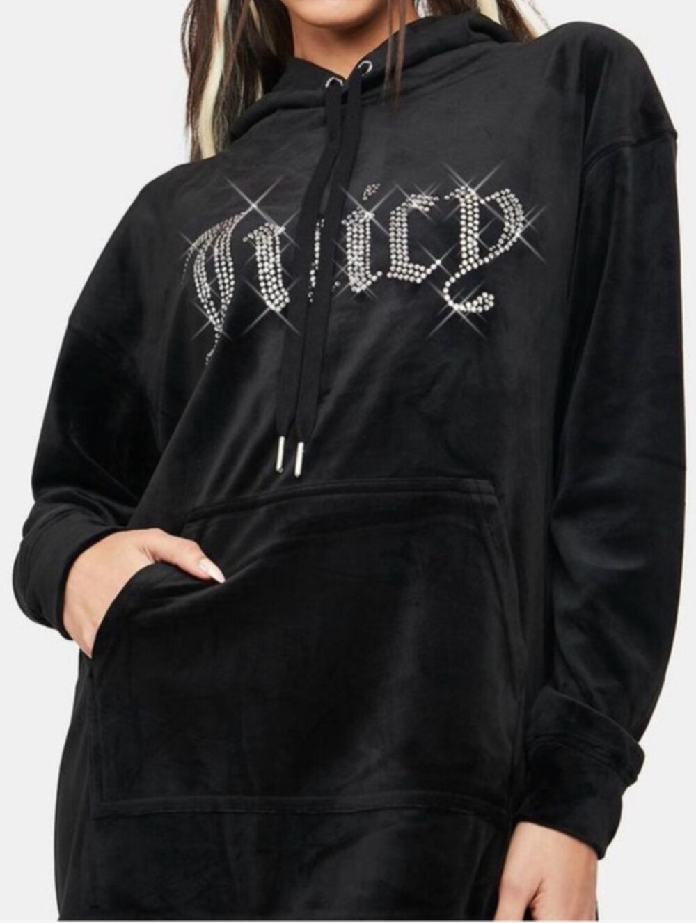 Juicy Couture Black Velour Rhinestone Hoodie Y2K Women Size m